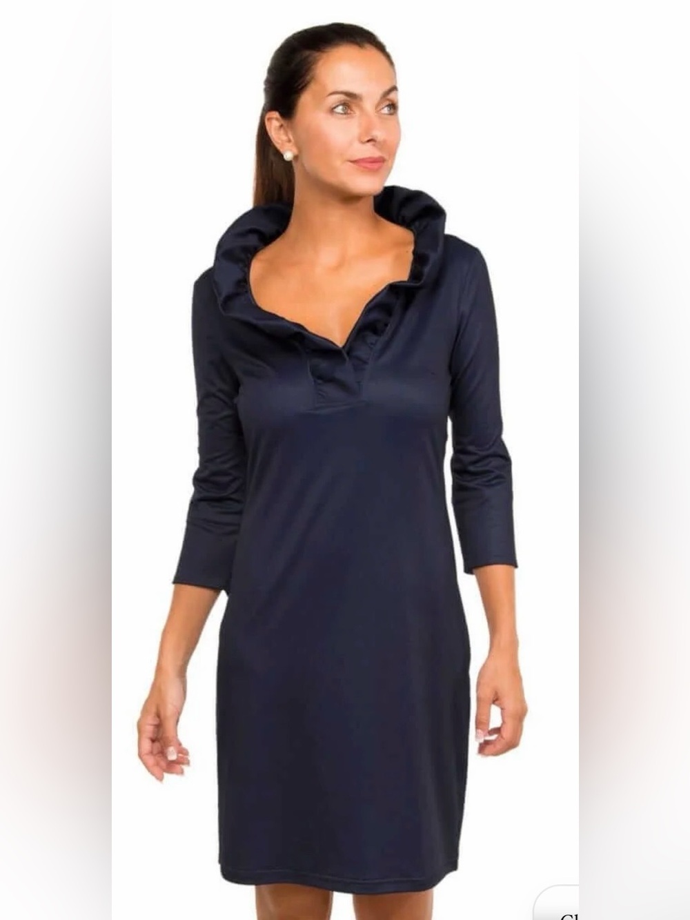 Gretchen Scott Solid Ruffneck Jersey Dress in Navy, Size Small